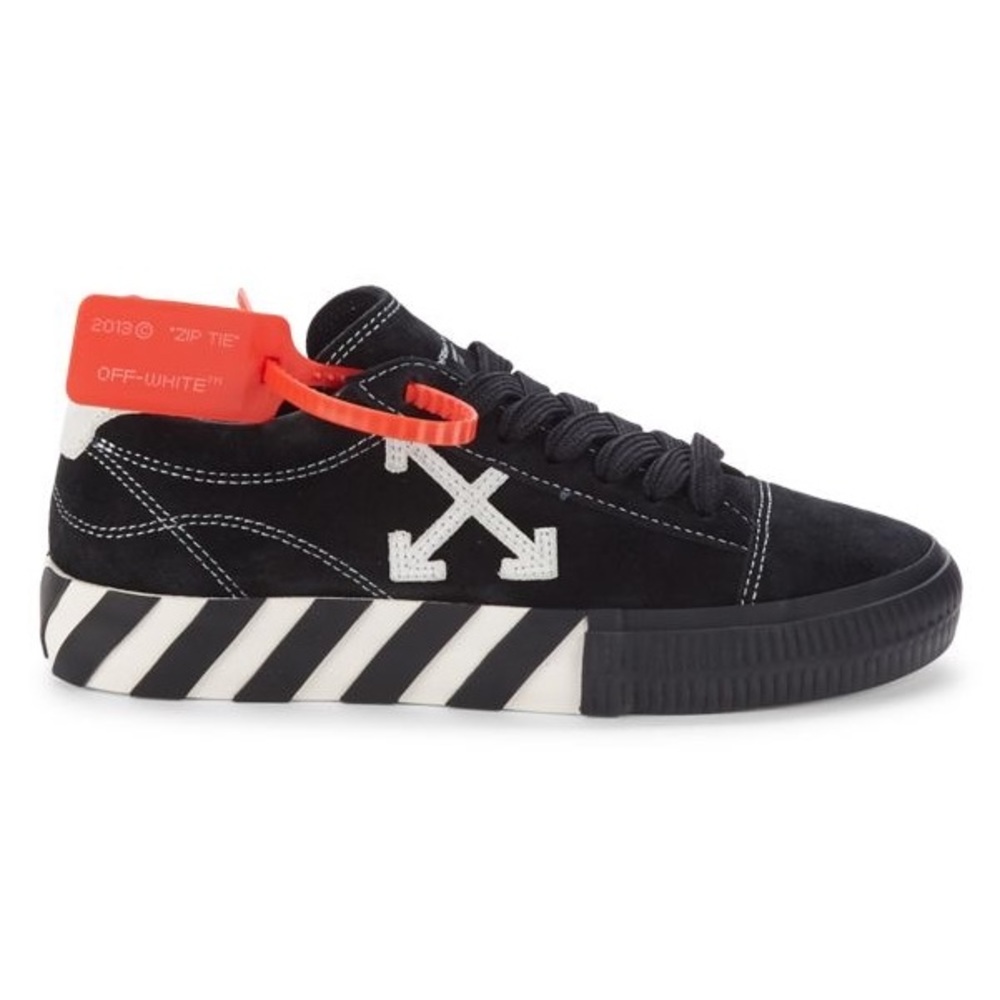 Off-White Black Suede Low-Top Sneakers with White Arrow Logo and Orange Zip Tie